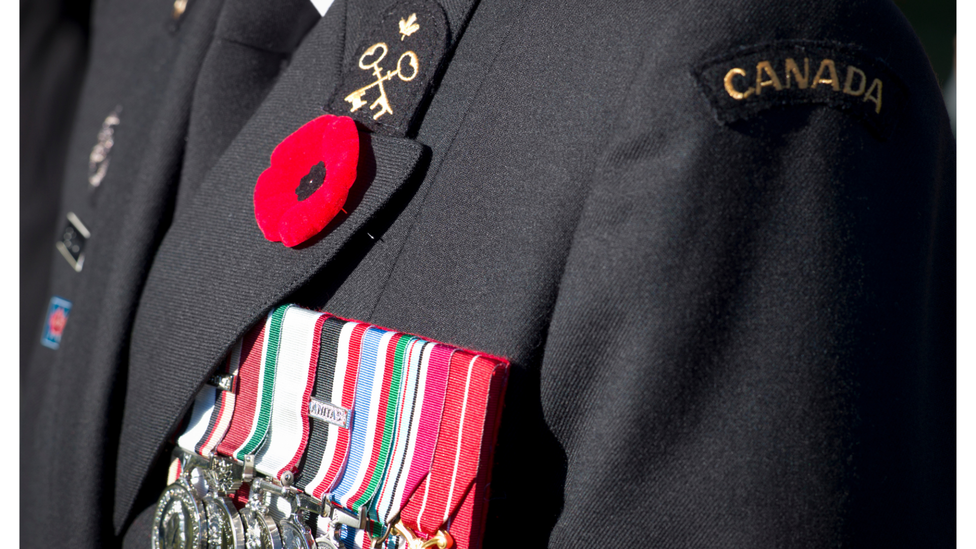 Close-up image of a Canadian soldier's dress uniform displaying several medals. 