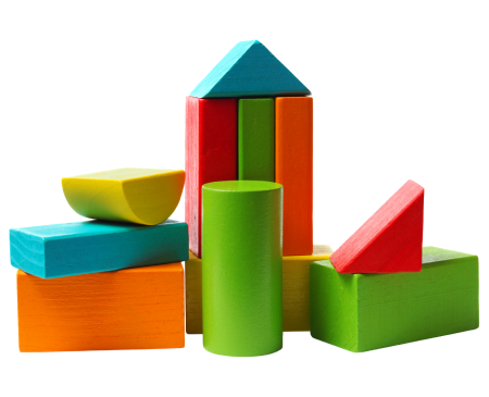 Blue, green, red, and yellow blocks in various shapes and sizes